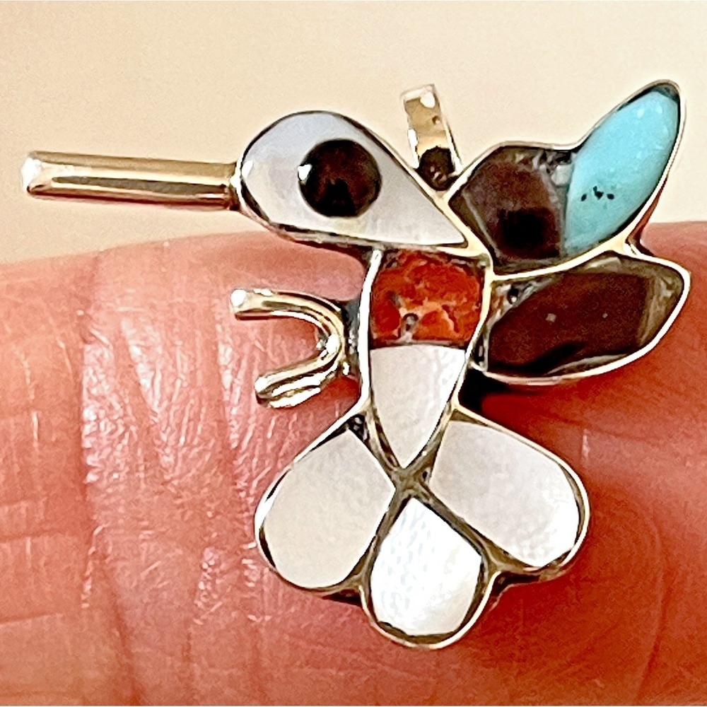 Hummingbird Zuni Pendant Turquoise Coral Multi Stone Inlay 16mm Sterling Native